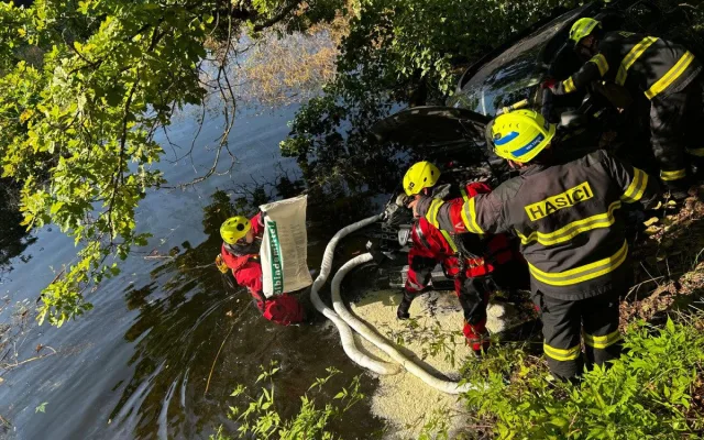 Auto sjelo do rybníka. Hasiči zachránili řidičku i psa