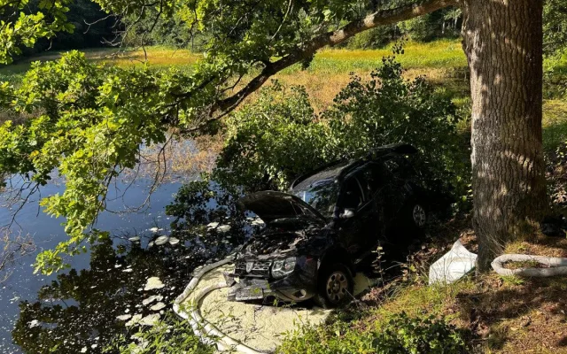 Auto sjelo do rybníka. Hasiči zachránili řidičku i psa