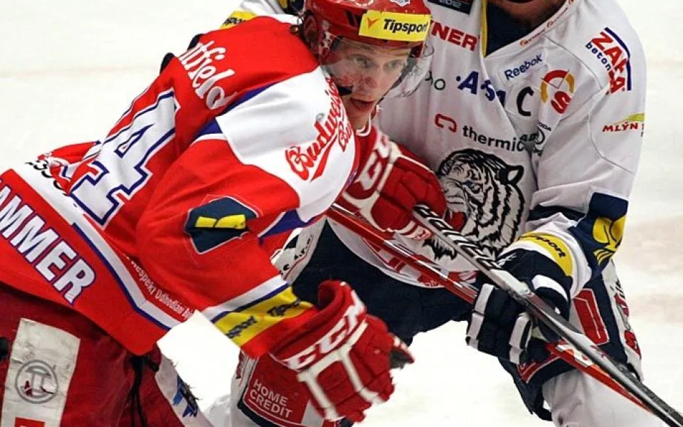 Jakub Langhammer v souboji s tahounem libereckého celku Petrem Nedvědem, který zápas opět rozhodl