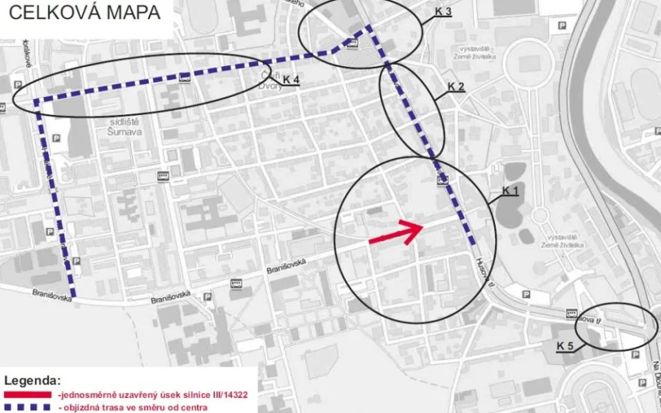 Mapa uzavírky a objízdné trasy