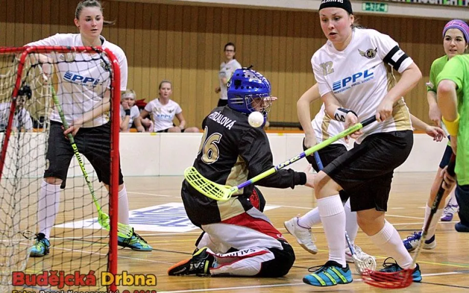 Jeden ze závarů před budějckou svatyní. Míček letí kolem gólmanky Kristýny Petržalové, vpravo kapitánka Barbora Skálová