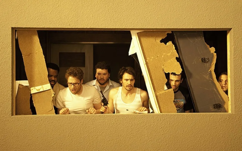 Craig Robinson, Seth Rogen, Danny McBride, James Franco, Jay Baruchel a Jonah Hill ve filmu Apocalypsa v Hollywoodu