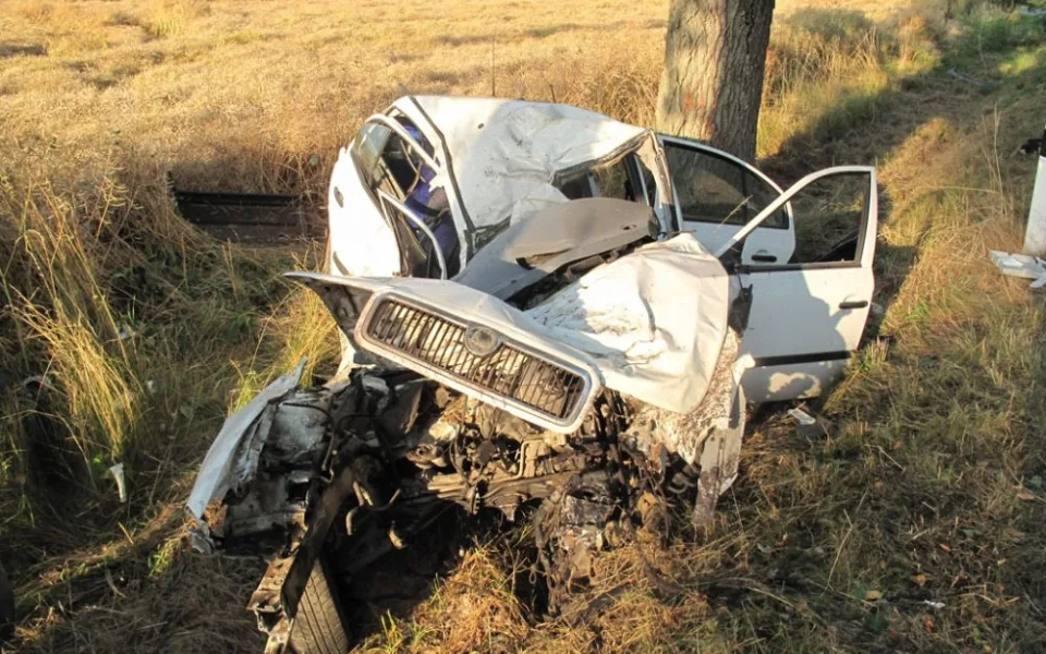 Zdemolovaná Škoda Octavia po smrtelné nehodě u Svinů