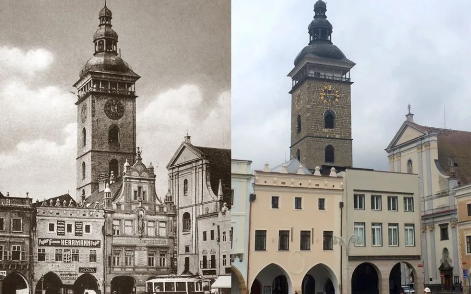 Záložna českobudějovická postavená na rohu náměstí v roce 1908 v novorenesančním stylu na snímku z doby tramvajové. Zbořena byla v roce 1934