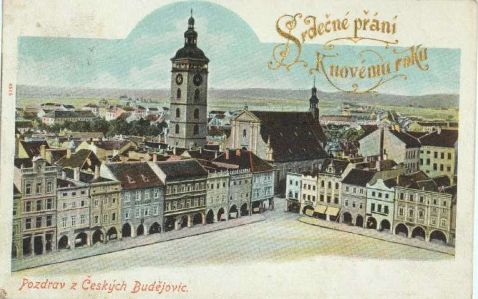 Černá věž hlídající a ovládající historické centrum Budějc před rokem 1908