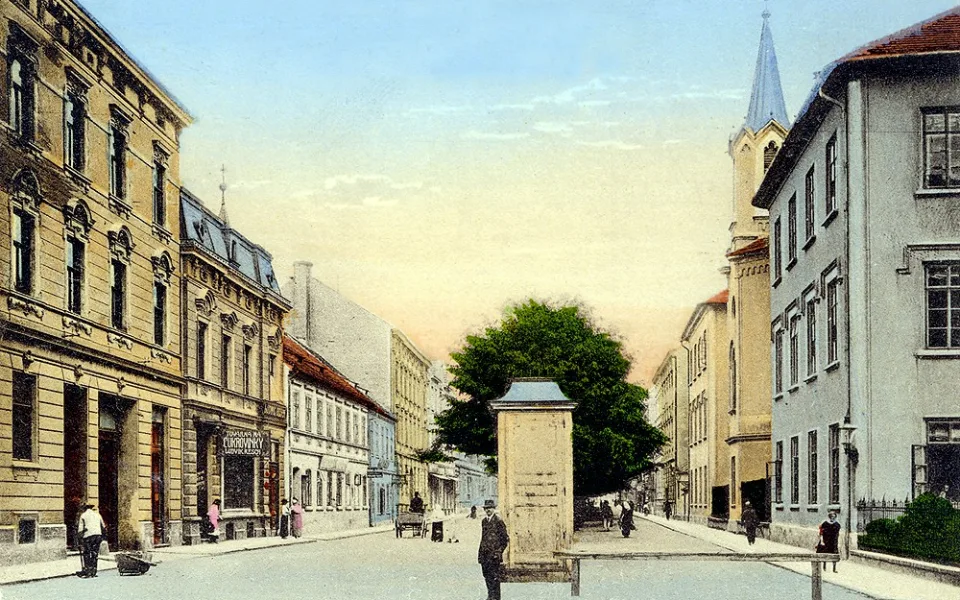 Lannovka v období c. k. od Jeronýmovy ulice směrem k nádraží. Alej uprostřed je tvořena kaštany, které byly odstraněny v roce 1929 poté, co promrzly při rekordních mrazech ve městě (až -42,2°C)