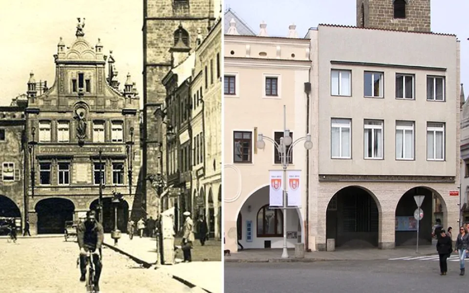 Vlevo na rohu náměstí stojí novorenesanční záložna z roku 1909, vpravo na stejném místě záložna z roku 1936.
