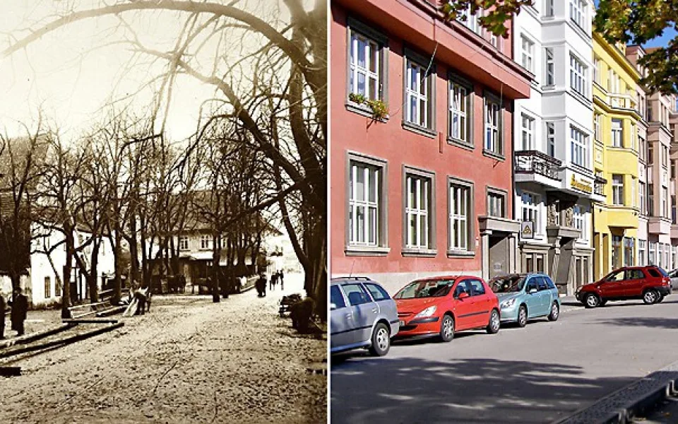 Zátkovo nábřeží po roce 1900 (vlevo) a v současnosti (vpravo) s domovním blokem Savoye.