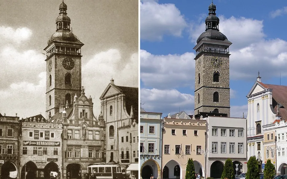 Vlevo Černá věž nad severovýchodním koutem náměstí po roce 1909, vpravo v současné době.