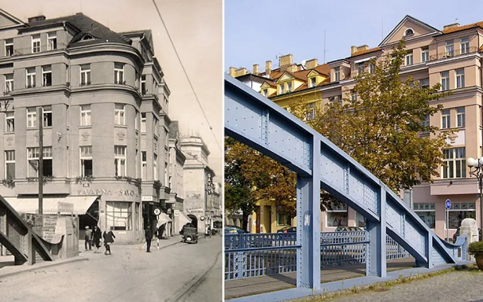 Snímek vlevo Zlatý most a za ním Savoy v roce 1932, vpravo stejné místo dnes.