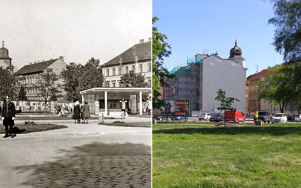 Mariánské náměstí s GRAND BIO v roce asi 1942 a bez GRAND BIA dnes.