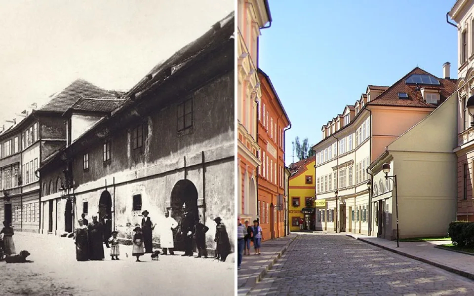 Vlevo solnice v České ulici kolem roku 1900, vpravo gymnázium v České 64.