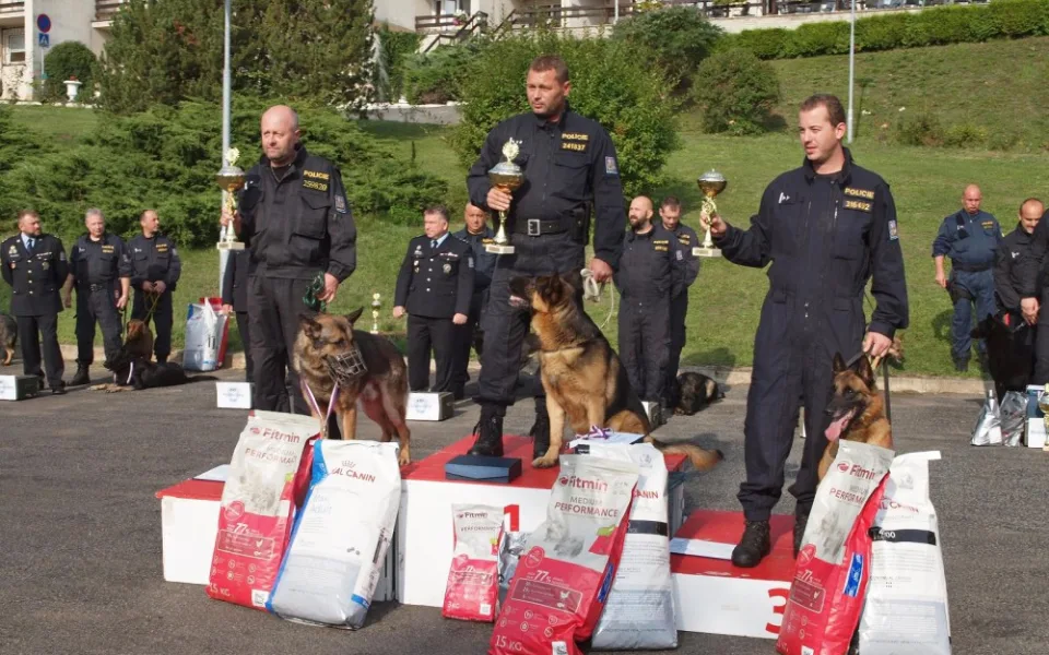 Prachatický policejní psovod Jaroslav Čejka a jeho německý ovčák Chasan (na snímku vlevo) se umístili na krásné druhé příčce a stali se tak vicemistrem ve vyhledávání drog. 