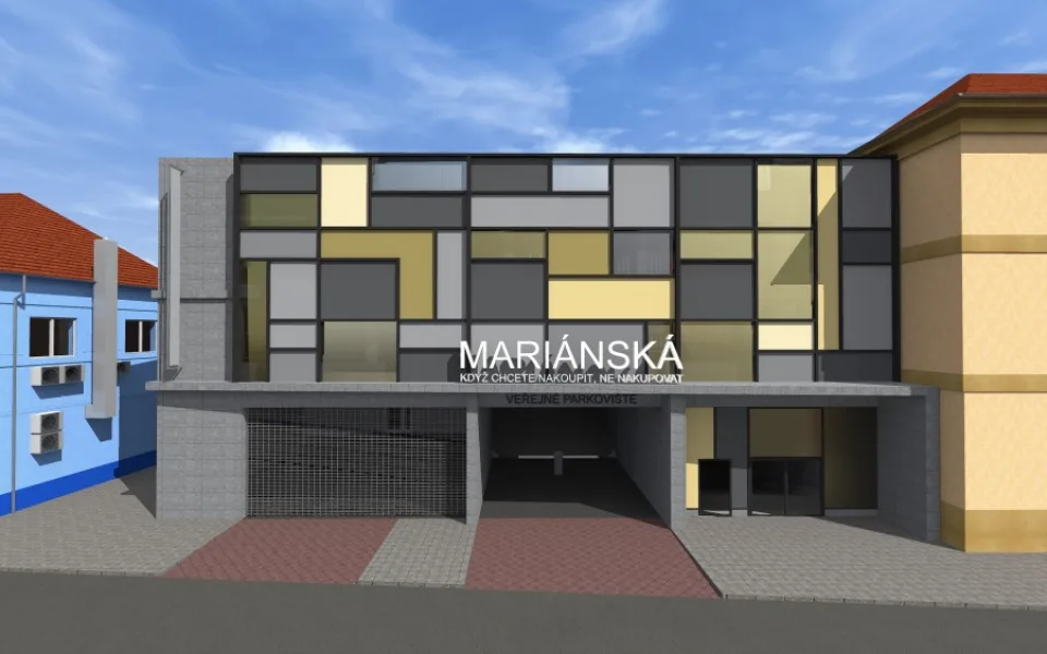 Vizualizace komplexu nového nákupního centra a parkhausu Mariánská v Českých Budějovicích.