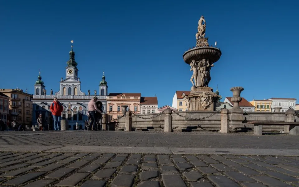 Samsonova kašna v centru Budějc.