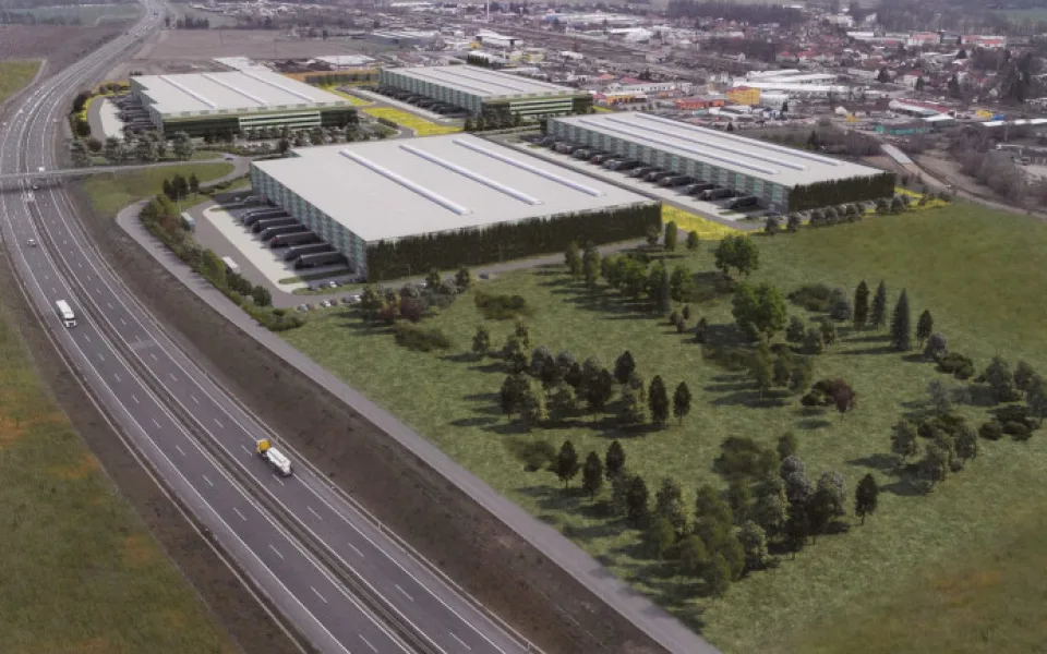 Původní projekt, který později firma přepracovala. Nově má být v areálu šest menších hal.