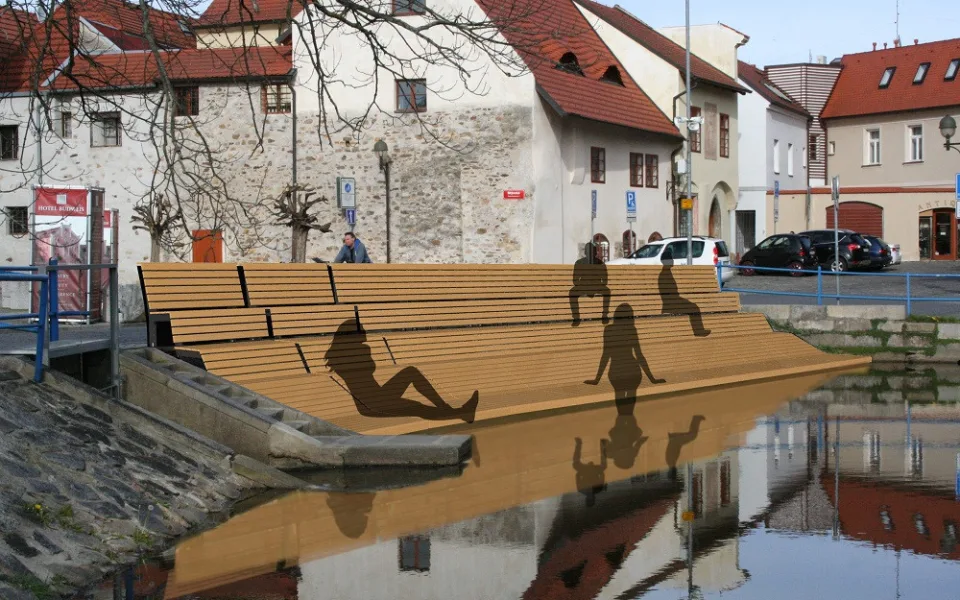 Vizualizace laviček nad vodou v centru Budějovic.