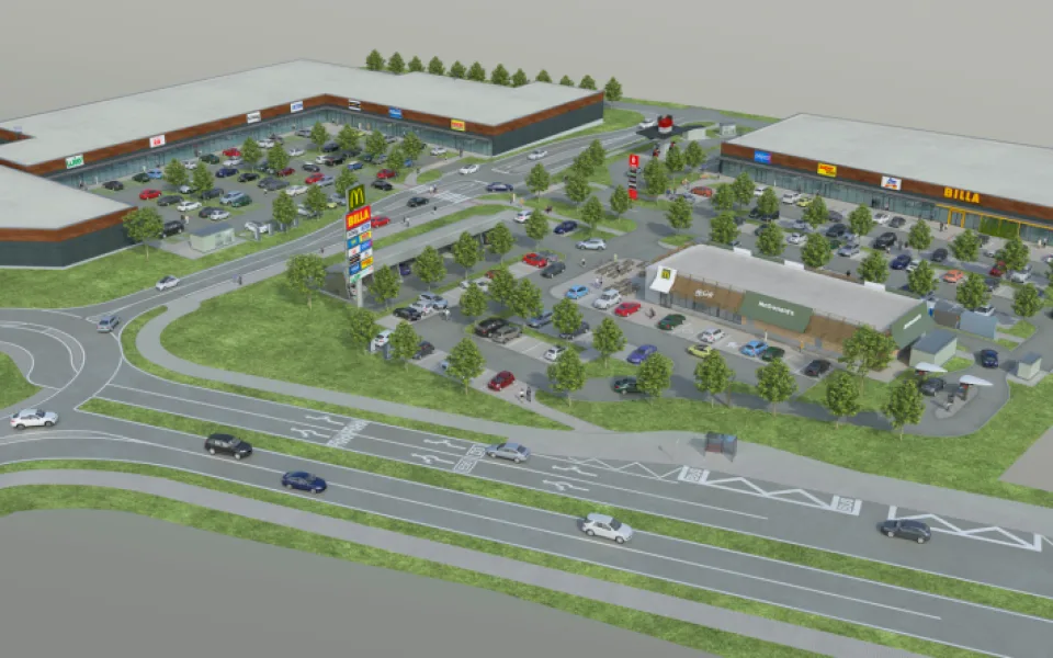 Vizualizace nového retail parku v Hodějovicích u dálnice D3.