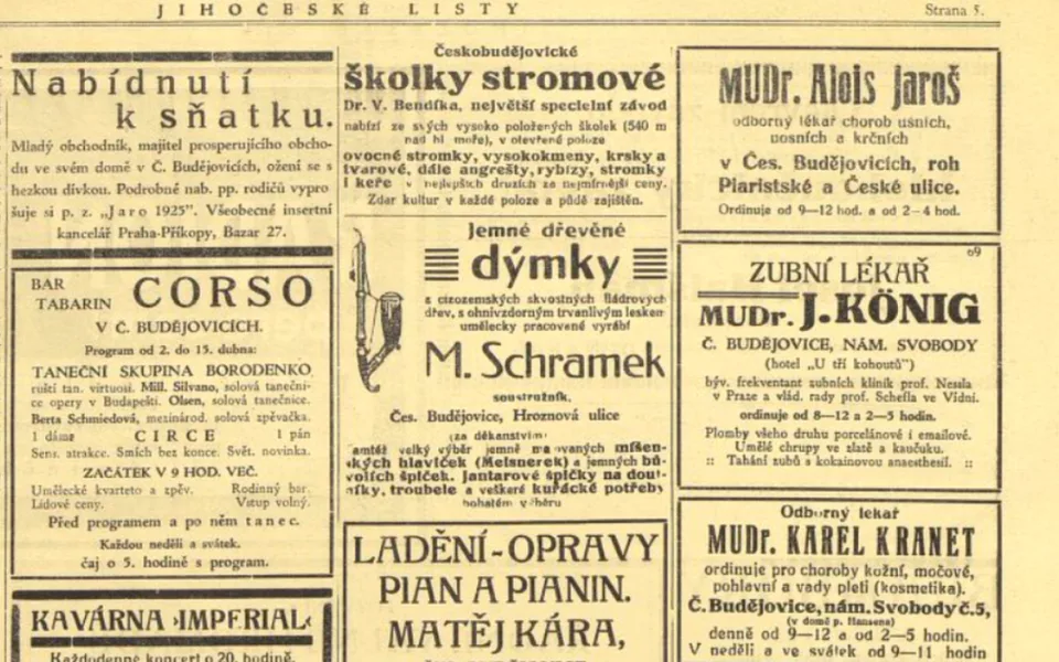 Prodám, koupím, vyměním. Co nabízela budějovická reklama před sto lety?