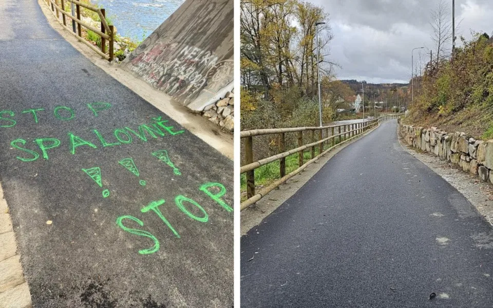 Novou cyklostezku v Krumlově někdo posprejoval, místostarosta podezřívá Zelené.