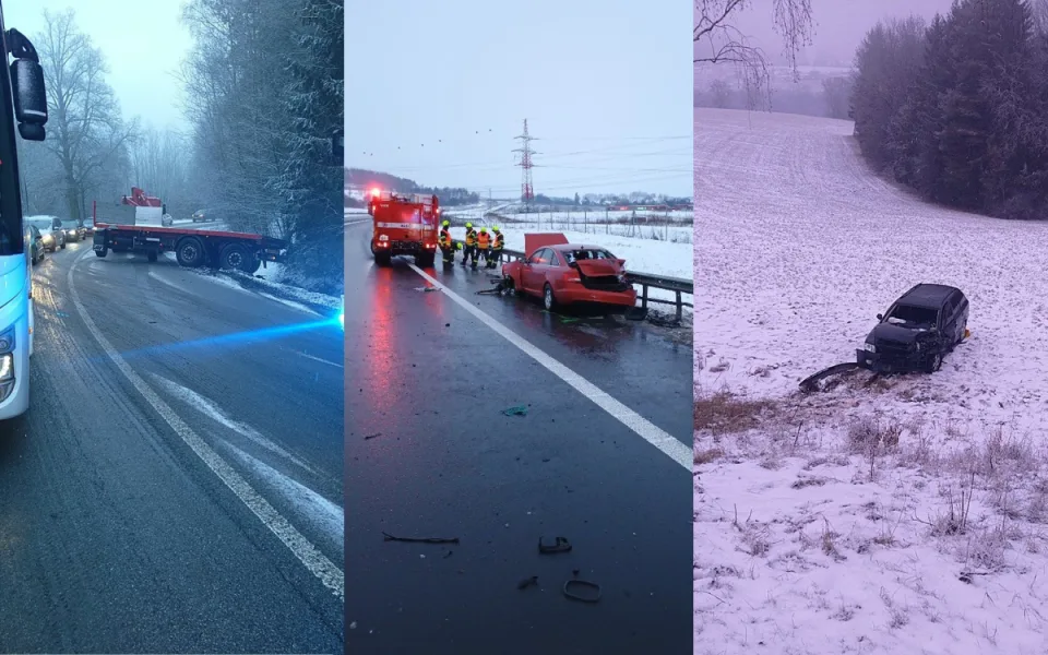 Vydatné sněžení komplikovalo dopravu, autobus u Čížové skončil v příkopě